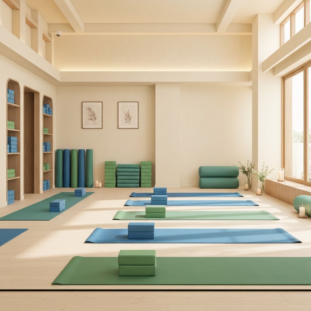 Peaceful yoga studio with mats and props