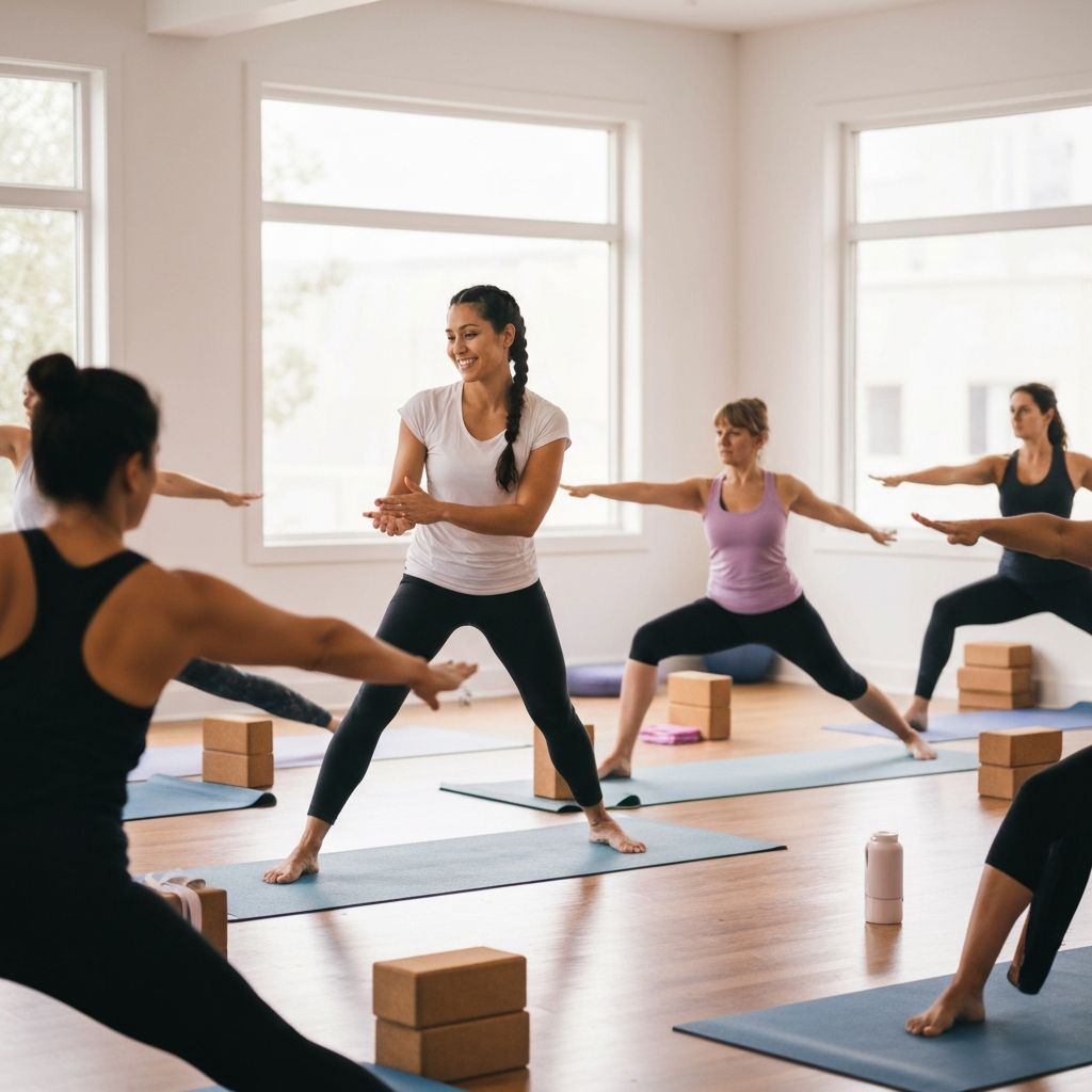 Instructor demonstrating a yoga pose to students