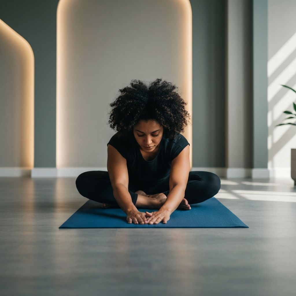 Person performing a seated stretch on a yoga mat